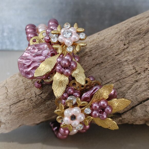 Cuff Beaded Bracelet Vintage Pink Gold Floral Beaded Rhinestones Faux Pearl - Picture 4 of 16